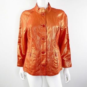 Chico's Size 1 US M Orange Metallic Button Front Basic Jacket Linen Blend